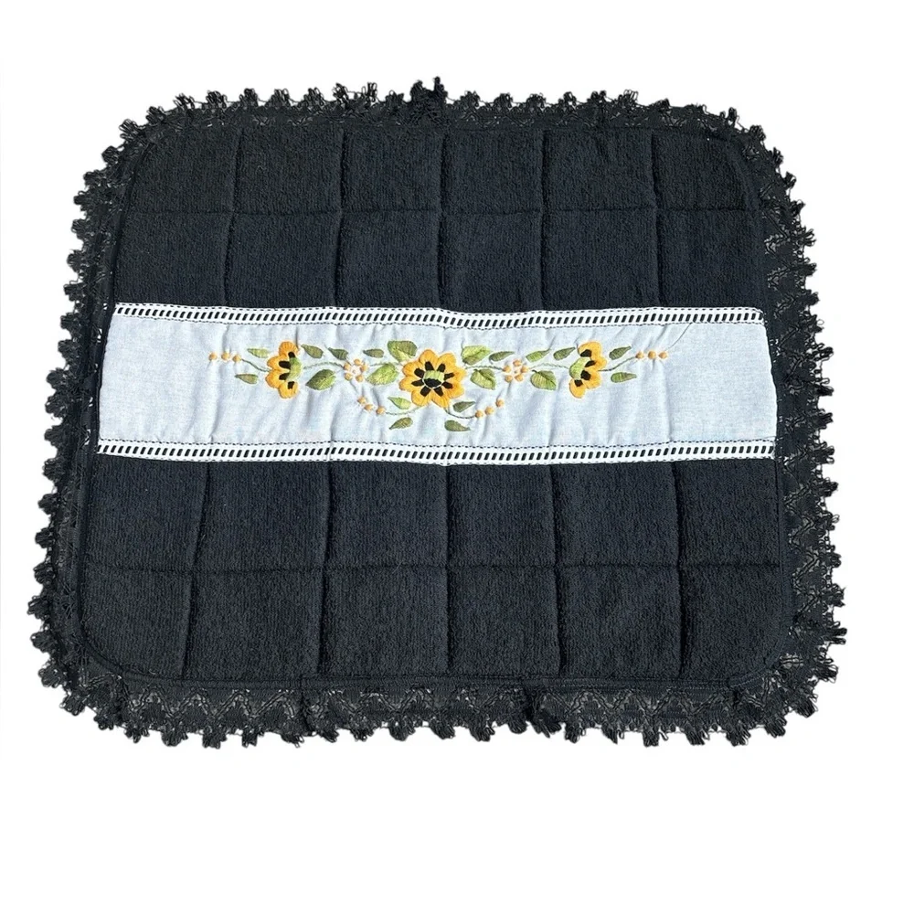 Black Quilted Bathroom Set with Floral Embroidery